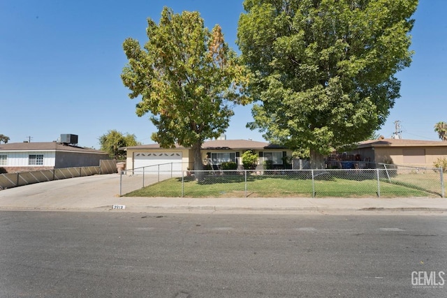 ranch-style house with a fenced front yard, driveway, and central air condition unit