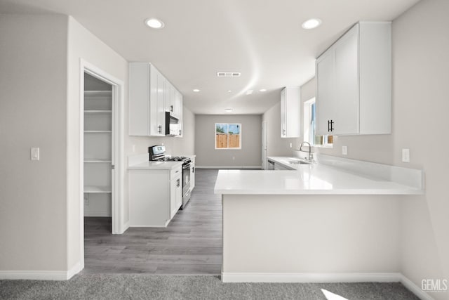 707 Poinsettia St, Bakersfield, CA 93307 - kitchen with stainless steel range with gas stovetop, white microwave, a sink, baseboards, and light countertops