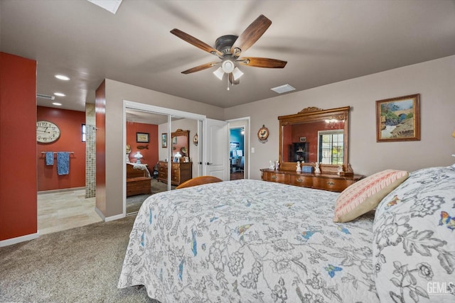 bedroom with ceiling fan, recessed lighting, carpet floors, visible vents, and baseboards