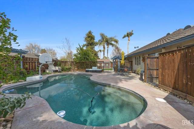 view of pool featuring a fenced in pool, a fenced backyard, a patio, and a pergola