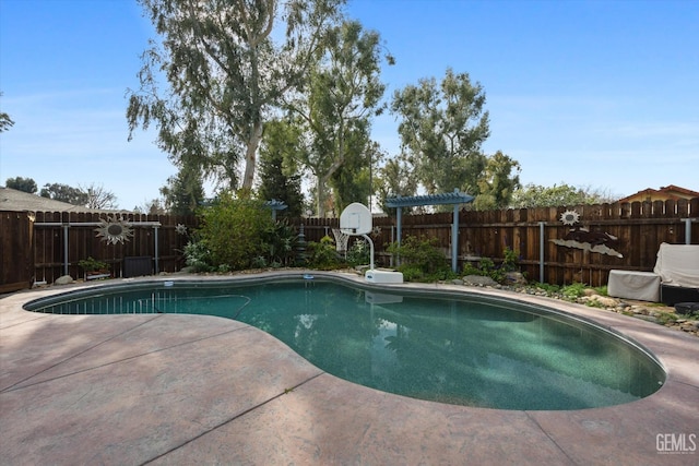 view of swimming pool with a fenced backyard, a fenced in pool, and a patio