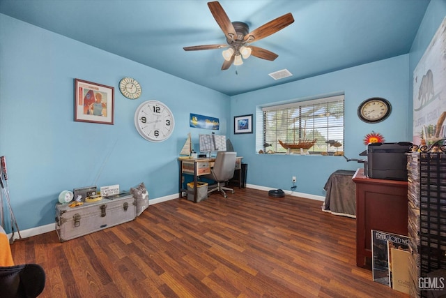 home office featuring visible vents, baseboards, and wood finished floors