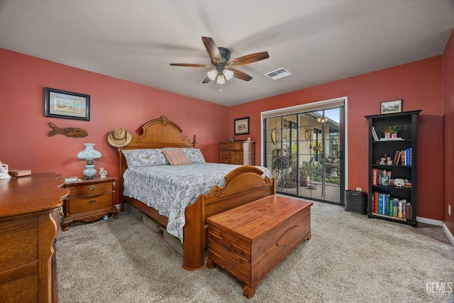 bedroom with visible vents, baseboards, a ceiling fan, access to exterior, and carpet flooring