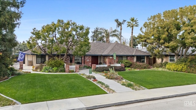 ranch-style home featuring brick siding and a front lawn