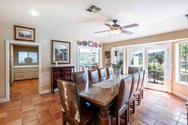 dining room with light tile patterned floors, visible vents, baseboards, recessed lighting, and a ceiling fan