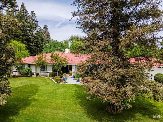rear view of property featuring a chimney, stucco siding, a yard, a tiled roof, and a patio