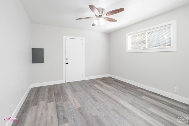 spare room featuring ceiling fan and light hardwood / wood-style flooring