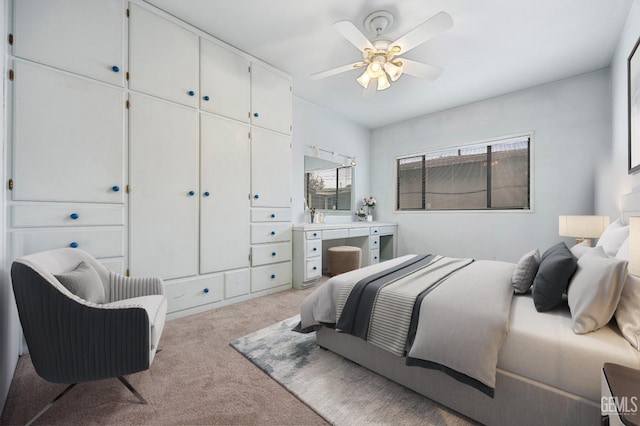 bedroom with light colored carpet and ceiling fan