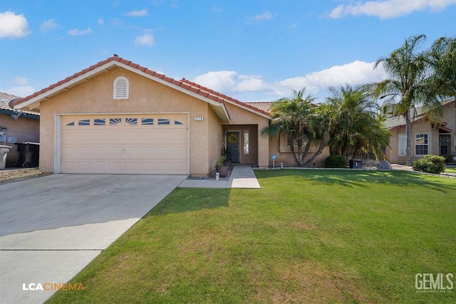 2119 Maganda Ave, Delano, CA 93215 - view of front of home featuring stucco siding, a garage, a tile roof, a front yard, and concrete driveway