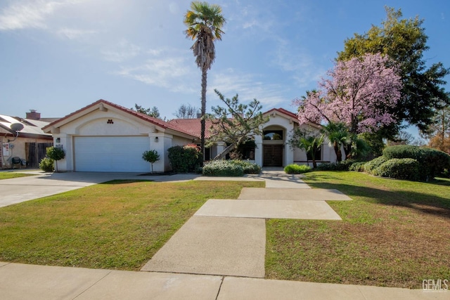 view of front of home with a front yard, stucco siding, concrete driveway, a garage, and a tile roof