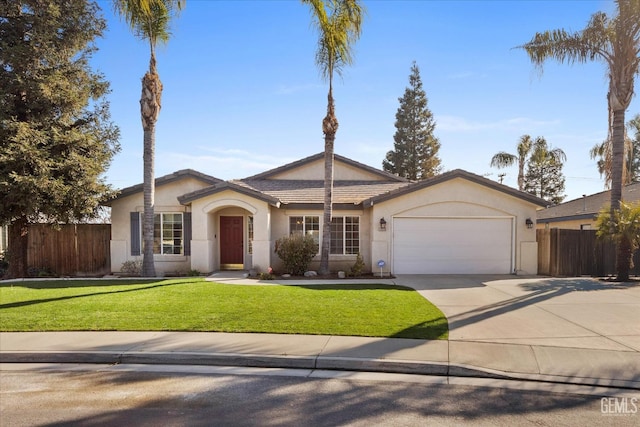 ranch-style house with a garage and a front lawn