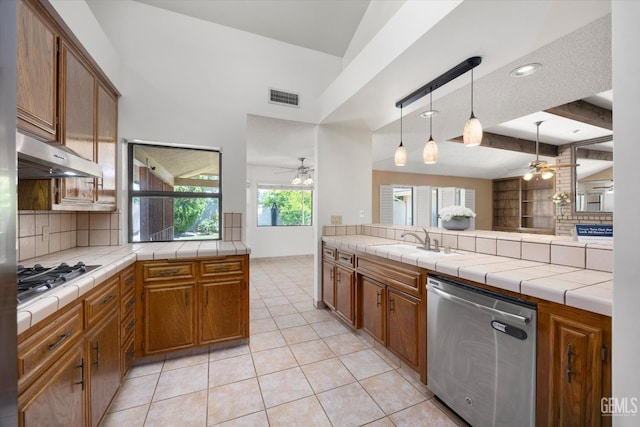 9408 Wandering Oak Dr, Bakersfield, CA 93311 - kitchen with stainless steel appliances, a ceiling fan, a sink, and under cabinet range hood
