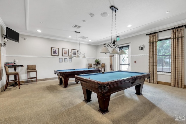 recreation room featuring recessed lighting, billiards, visible vents, light carpet, and ornamental molding