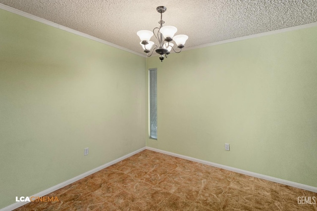 empty room with crown molding, a textured ceiling, and a chandelier