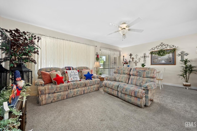 1112 Pebble Beach Dr, Bakersfield, CA 93309 - carpeted living room featuring a ceiling fan and baseboards