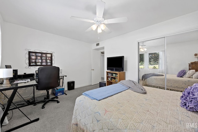 1112 Pebble Beach Dr, Bakersfield, CA 93309 - carpeted bedroom featuring a desk, ceiling fan, and a closet
