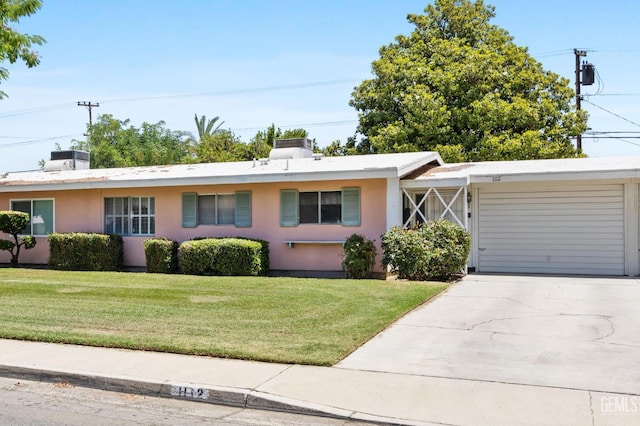1112 Pebble Beach Dr, Bakersfield, CA 93309 - single story home featuring a garage, driveway, a front lawn, stucco siding, and a chimney