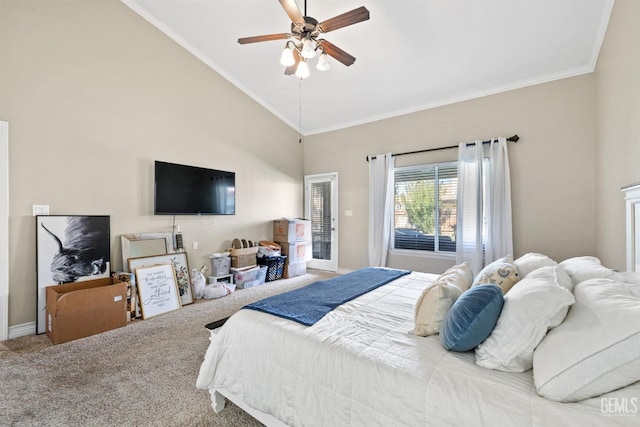 carpeted bedroom featuring ceiling fan, ornamental molding, and high vaulted ceiling