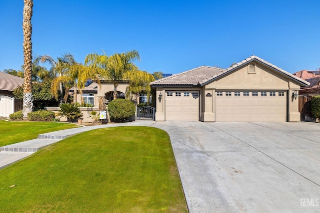 view of front of home with a garage and a front lawn