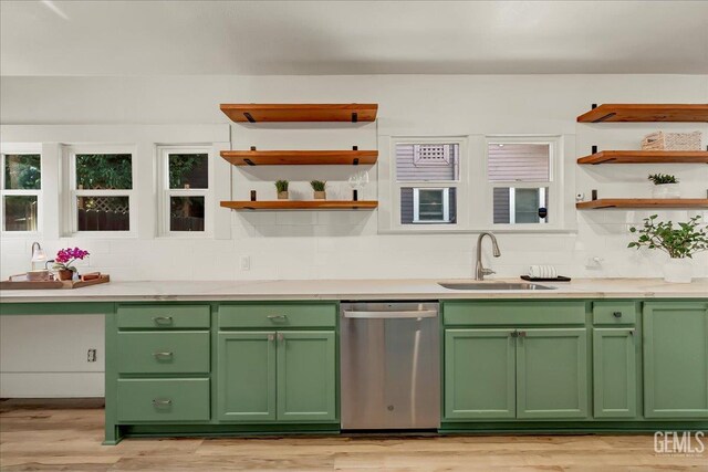 930 S Roosevelt Ave, Fresno, CA 93728 - kitchen featuring stainless steel dishwasher, green cabinets, a sink, and open shelves