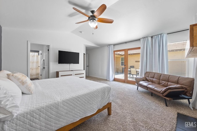 6418 Abby Rose Ave, Bakersfield, CA 93308 - bedroom with access to exterior, vaulted ceiling, light carpet, a ceiling fan, and ensuite bathroom