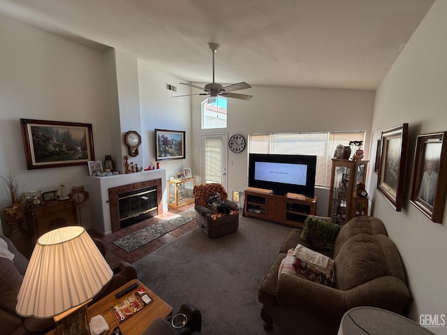 3910 Mariana Way, Bakersfield, CA 93311 - living room with a fireplace with flush hearth, a ceiling fan, and vaulted ceiling