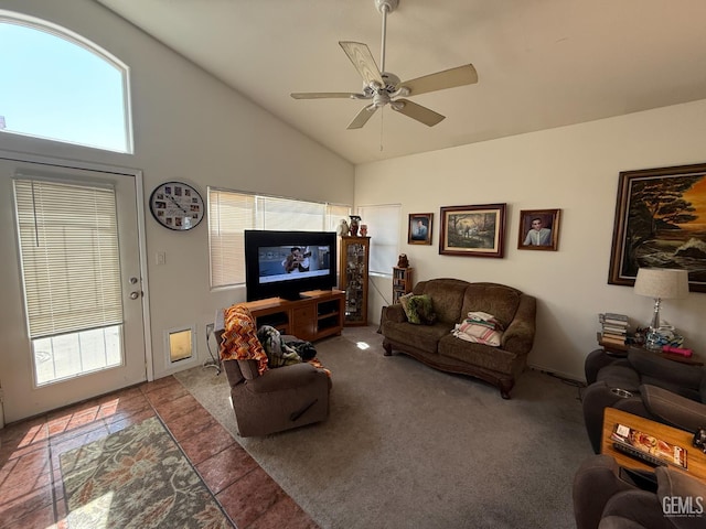 3910 Mariana Way, Bakersfield, CA 93311 - living area featuring a ceiling fan and high vaulted ceiling