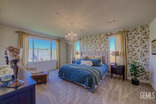 11022 Irontooth Ave, Bakersfield, CA 93311 - bedroom with baseboards, light carpet, a chandelier, and wallpapered walls