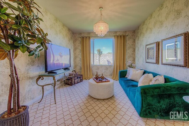 11022 Irontooth Ave, Bakersfield, CA 93311 - living room featuring wallpapered walls, carpet, and a chandelier