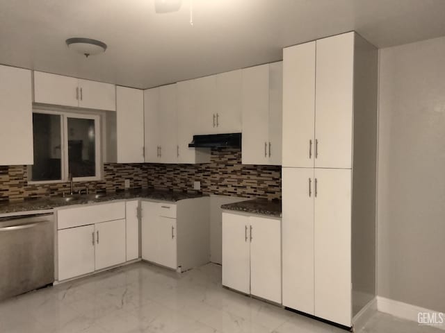 kitchen with sink, white cabinets, stainless steel dishwasher, and extractor fan