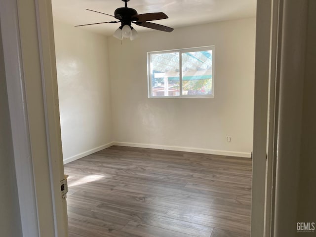 unfurnished room with wood-type flooring and ceiling fan