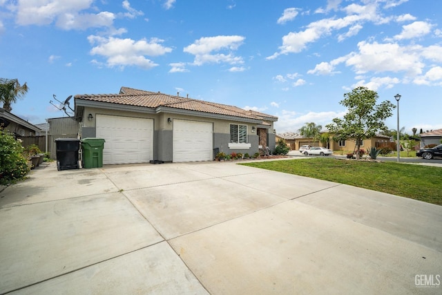 1701 San Jose Ave, Wasco, CA 93280 - single story home featuring stucco siding, a tile roof, a garage, concrete driveway, and a front lawn