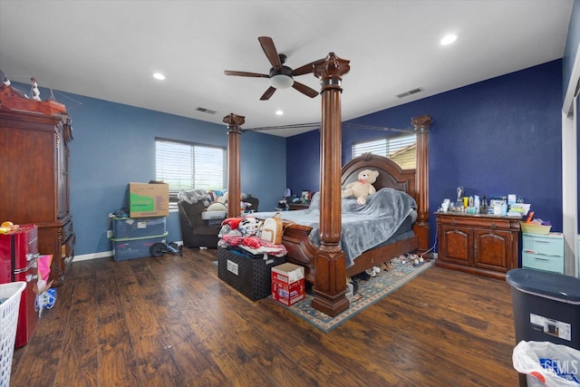 bedroom featuring recessed lighting, a ceiling fan, visible vents, and wood finished floors