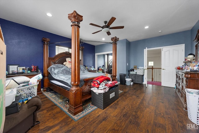 bedroom with recessed lighting, ceiling fan, and wood finished floors