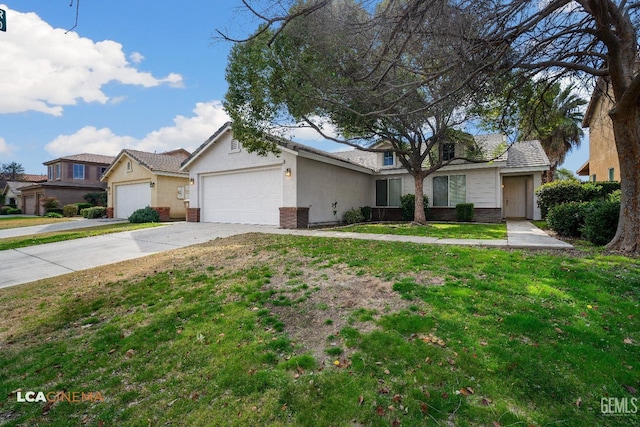 view of front of house with brick siding, stucco siding, concrete driveway, an attached garage, and a front yard