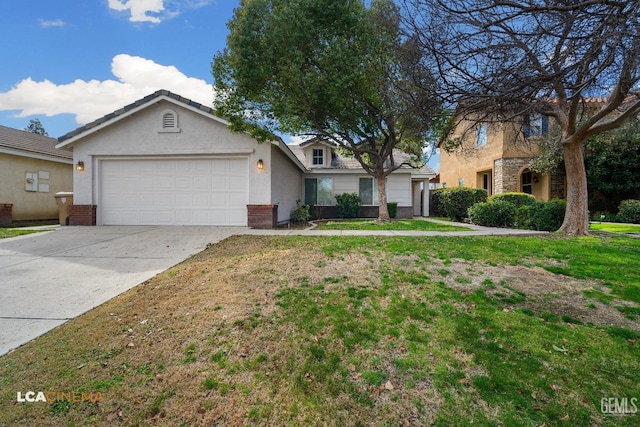 view of front of property with brick siding, stucco siding, concrete driveway, a garage, and a front lawn