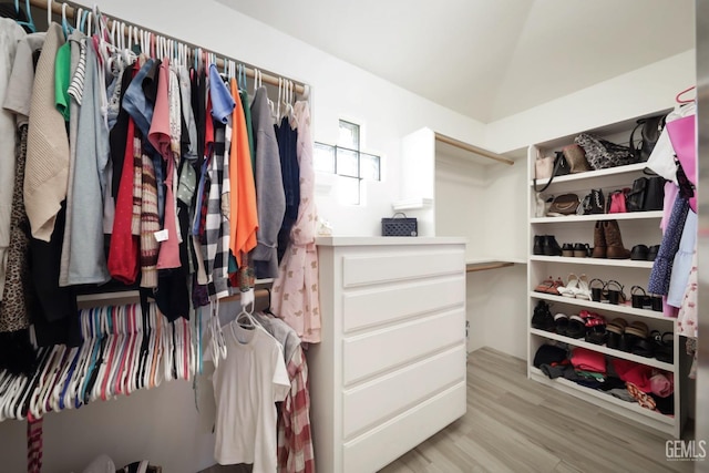 walk in closet with lofted ceiling and wood finished floors