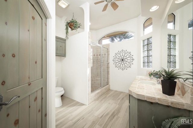 full bathroom featuring ceiling fan, toilet, wood finished floors, vanity, and a shower stall