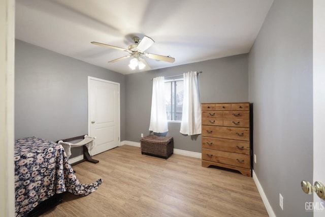 bedroom featuring ceiling fan and light wood-type flooring