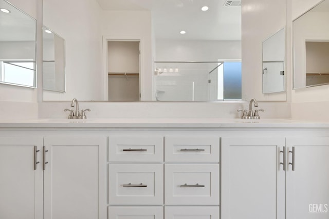 bathroom featuring vanity and a shower with door