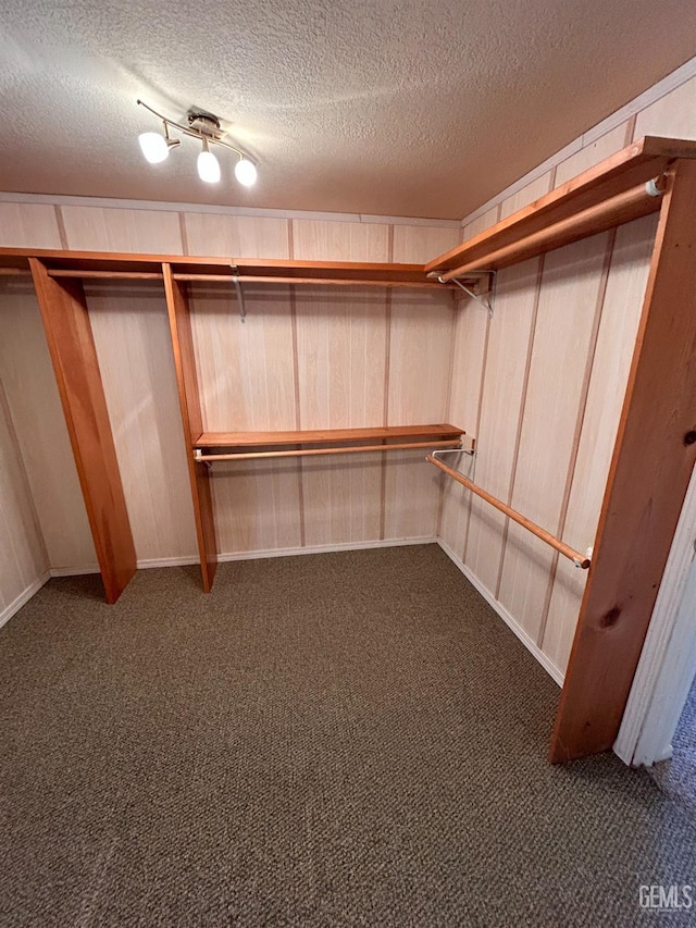 walk in closet with dark colored carpet