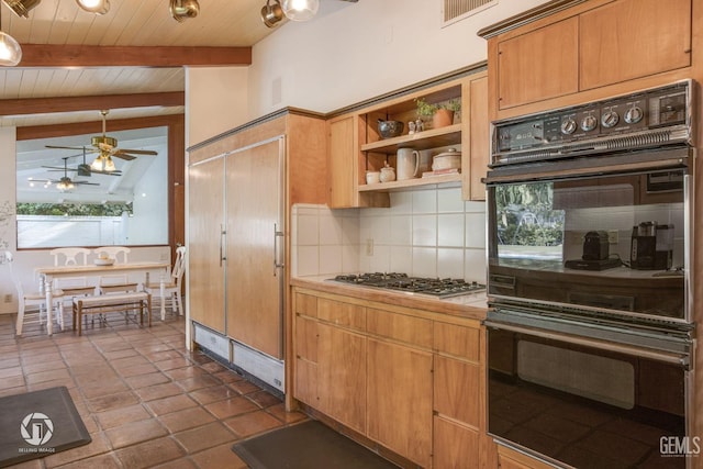 kitchen featuring decorative backsplash, wood ceiling, black double oven, stainless steel gas cooktop, and vaulted ceiling with beams