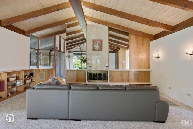 unfurnished living room with light carpet, vaulted ceiling with beams, wooden walls, and wood ceiling