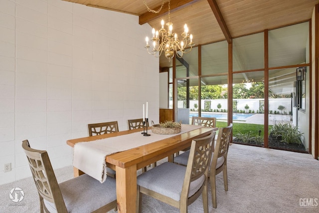 dining space featuring carpet floors, high vaulted ceiling, beam ceiling, wood ceiling, and a chandelier