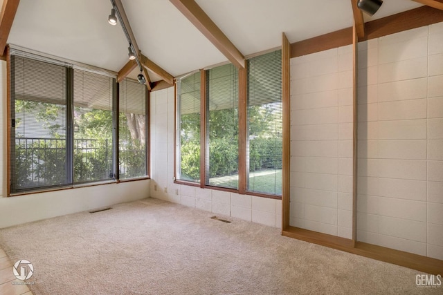 unfurnished sunroom featuring beam ceiling and track lighting