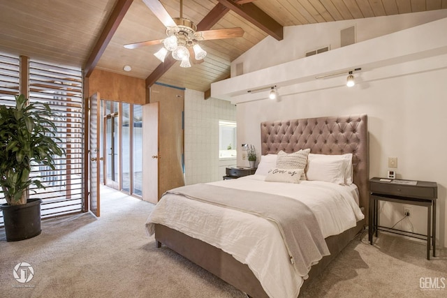 bedroom with access to exterior, ceiling fan, wooden ceiling, vaulted ceiling with beams, and light carpet