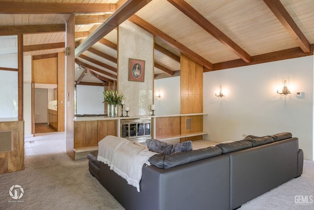 carpeted living room featuring beam ceiling, high vaulted ceiling, and wood walls