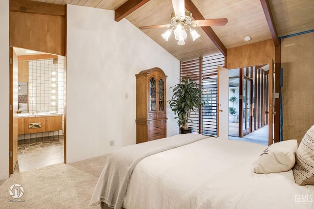 bedroom with access to outside, ceiling fan, wood ceiling, and lofted ceiling with beams