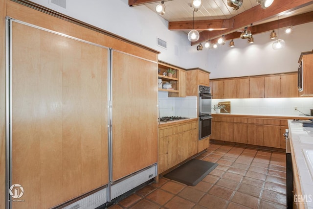 kitchen with pendant lighting, tile countertops, wooden ceiling, high vaulted ceiling, and beamed ceiling