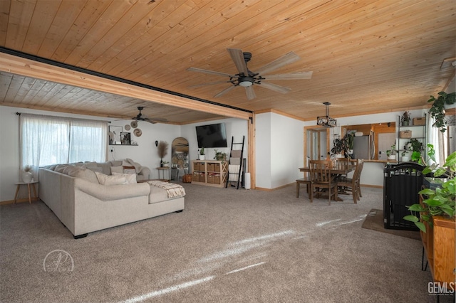 carpeted living room featuring ceiling fan and wood ceiling